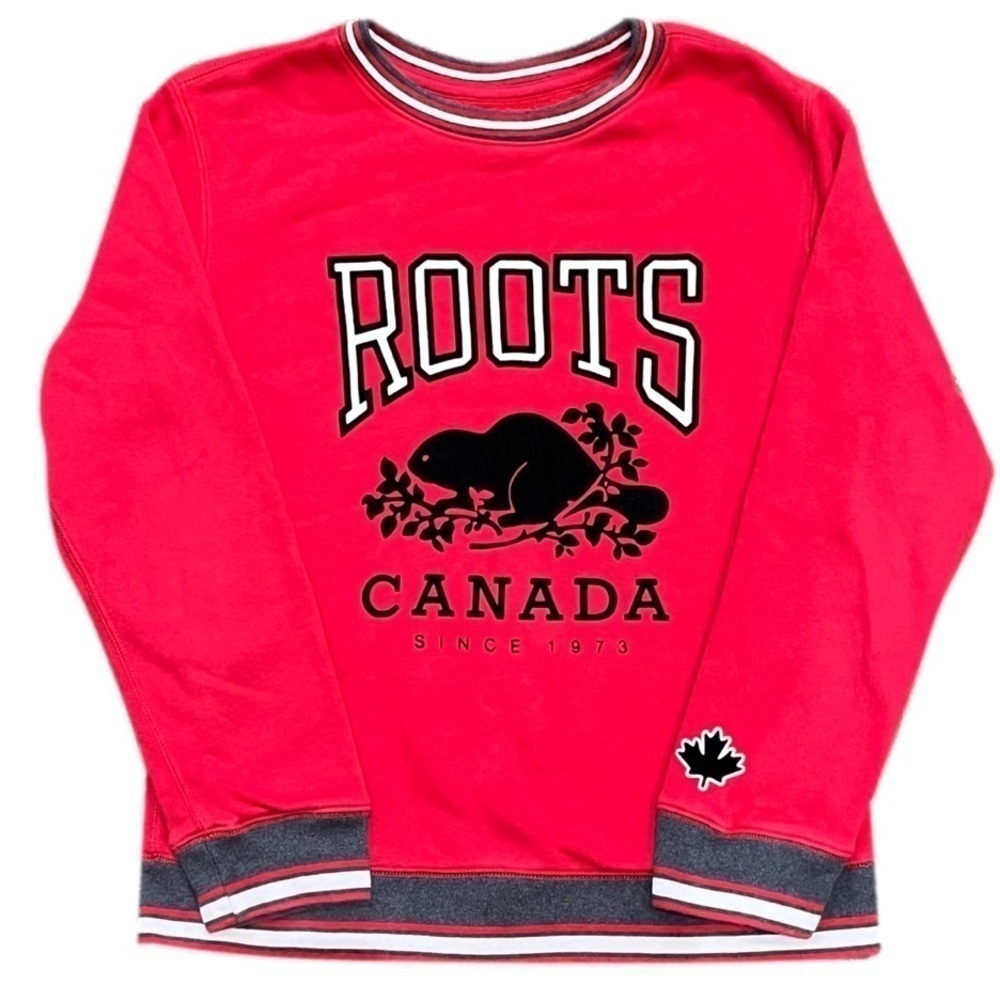 ROOTS Kids Canada Beaver Crewneck Sweatshirt Unisex Size XXL 13-14 Red Black